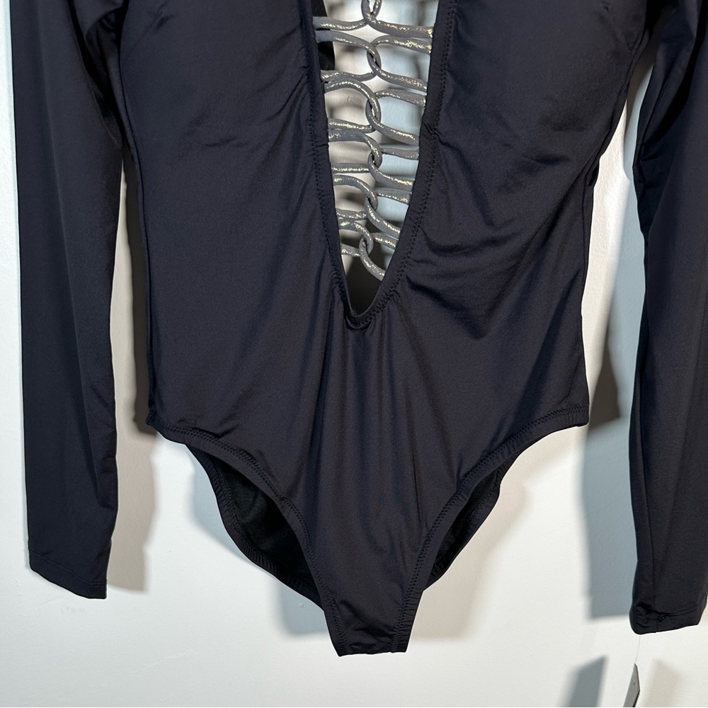 Kenneth Cole One-Piece Swimsuit Plunging Lace-Up Front Long-Sleeve Size L Black - Picture 8 of 14